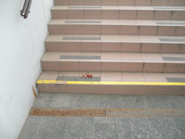 Blutspuren vom Tatgeschehen am Treppenaufgang Bahnsteig 3/4 im Bahnhof Werdau. Foto: Bundespolizei