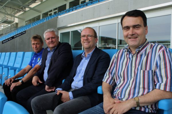Freuen sich auf die neue Saison: Coach Sven Köhler, Geschäftsführer Sport Stephan Beutel, kaufmännischer Geschäftsführer Dr. Dirk Kall und der Vorstandsvorsitzende Dr. Mathias Hänel (v.l.n.r.).