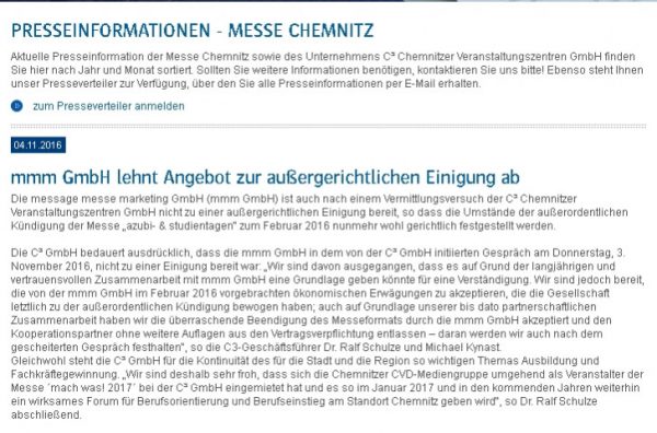 Am 4. November veröffentlichte Pressemitteilung der C3. Foto: Screenshot Website Messe Chemnitz