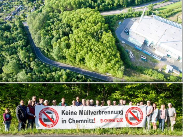 Teilnehmer der Bürgerinitiative stehen vor dem Zeisigwald, wo die Müllverbrennungsanlage vorgesehen ist. Fotos: Daniel Unger