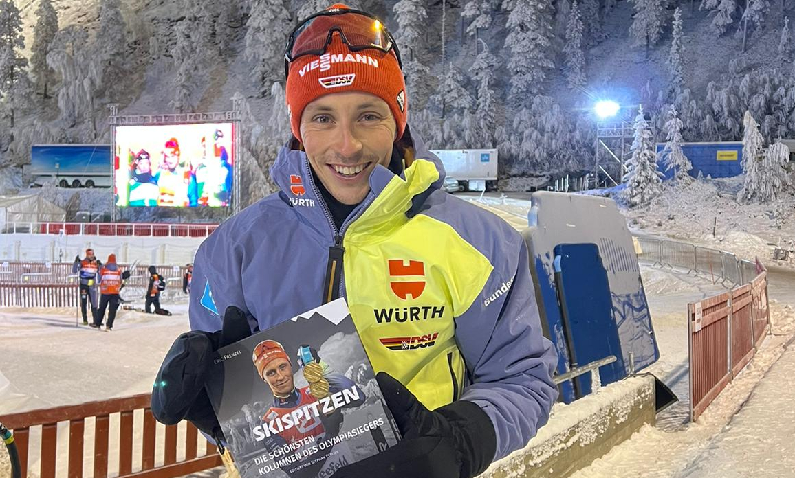 Eric Frenzel mit seinem neuen Buch „Skispitzen“. Sie können es per E-Mail an buch@erz-art.de bestellen.